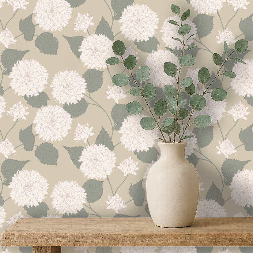 Soft dahlia floral wallpaper with hand drawn blooms in sage green and warm linen beige