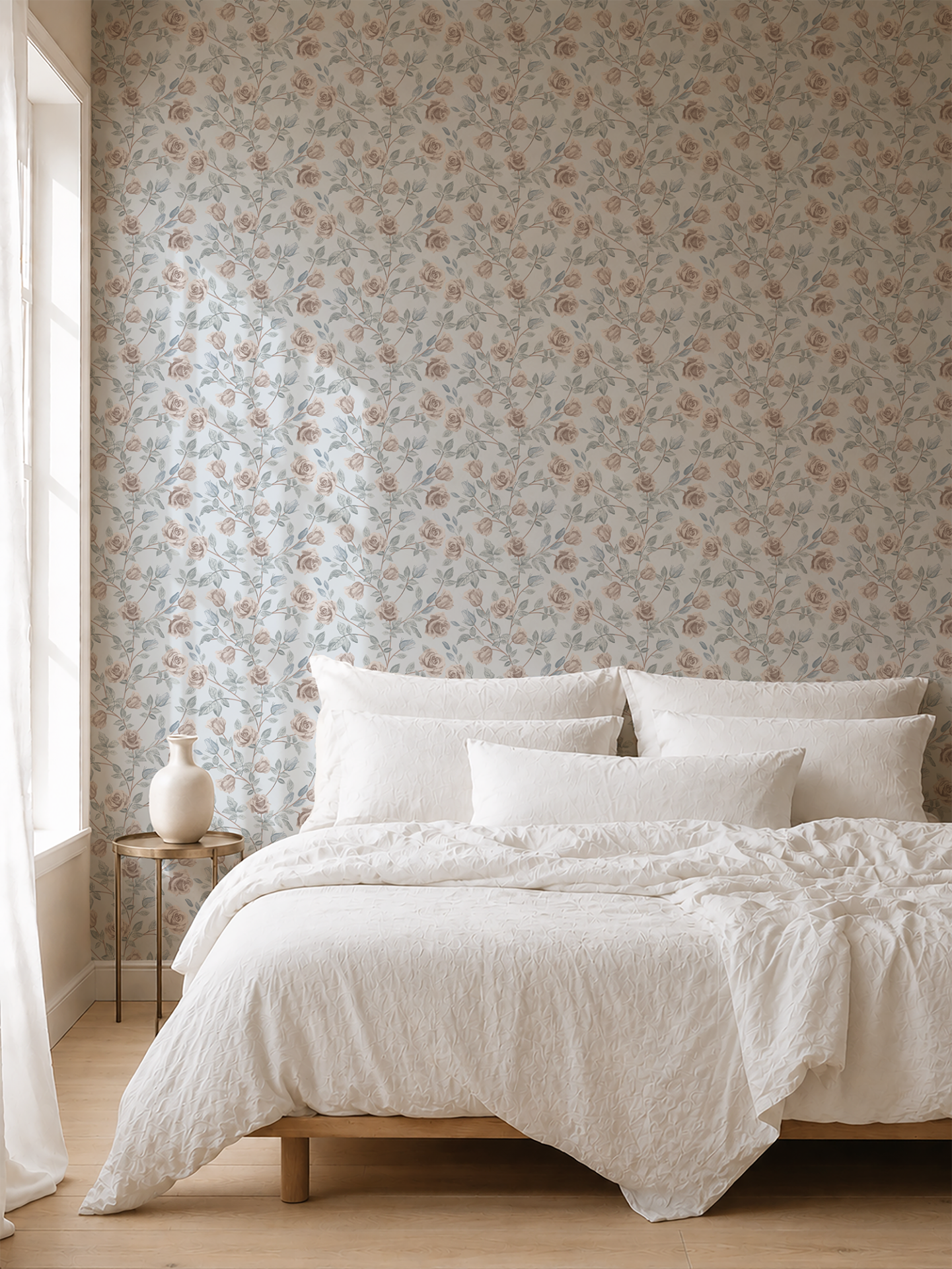 Vintage Rose Dusty Blue floral wallpaper in a bright bedroom with soft blue leaves, dusty pink roses and white bedding.
